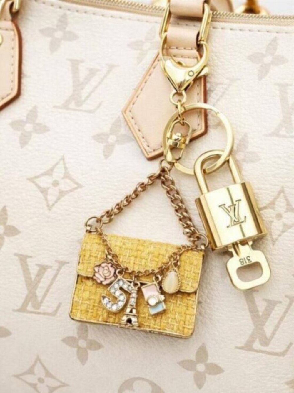 Louis Vuitton Gold Padlock 🔑 Authentic LV Unbranded Tweed Bag Keychain Charm